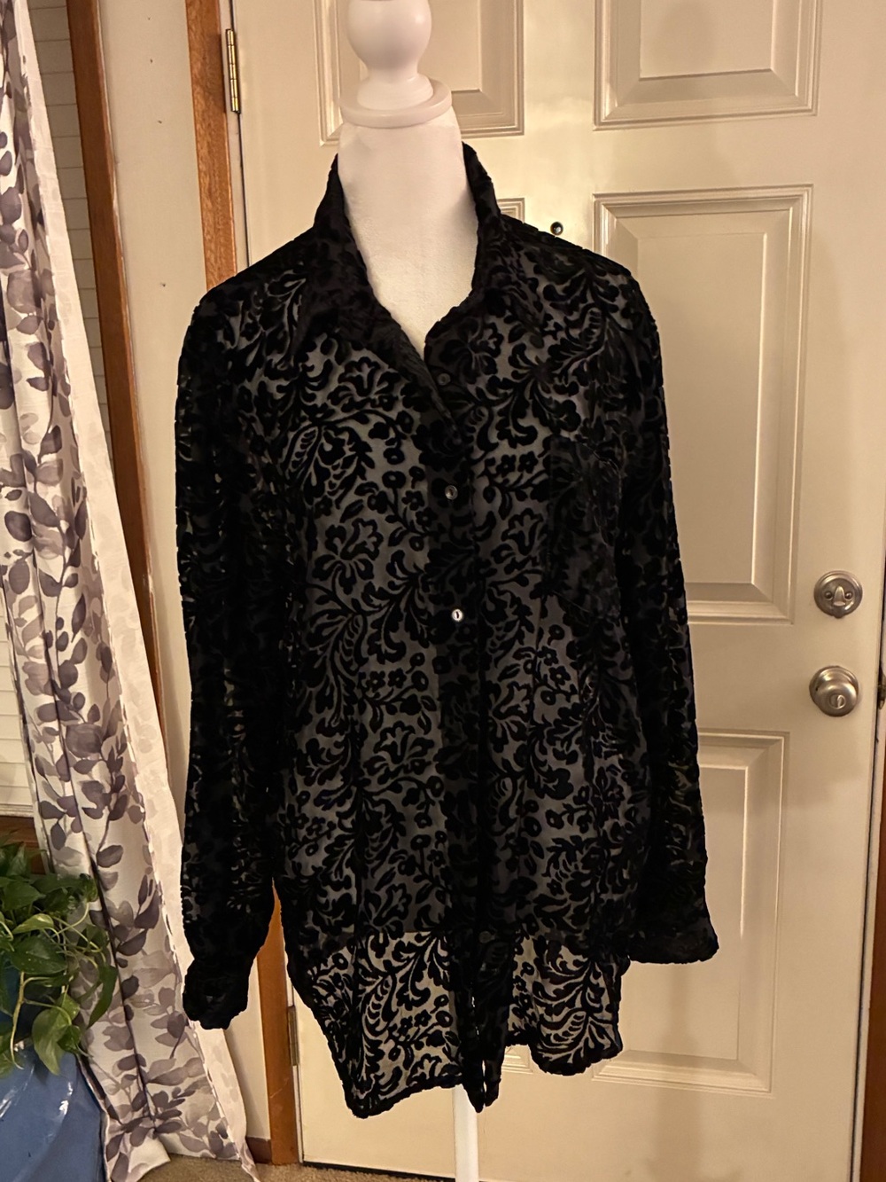 Ralph Lauren Black Velvet Burnout Button-Down Blouse